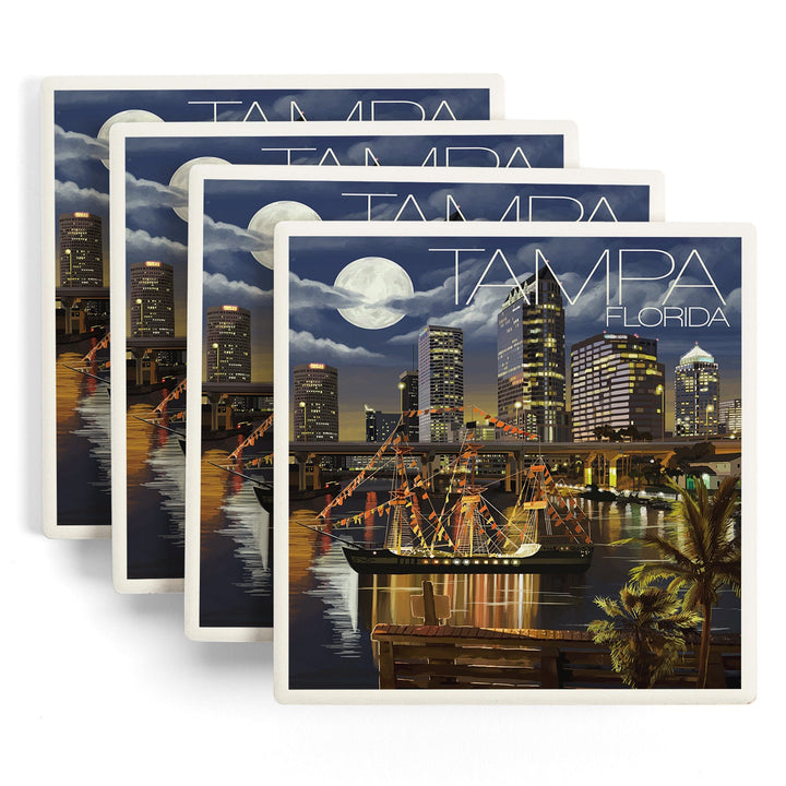 Tampa, Florida, Skyline at Night, Coasters Coasters Lantern Press