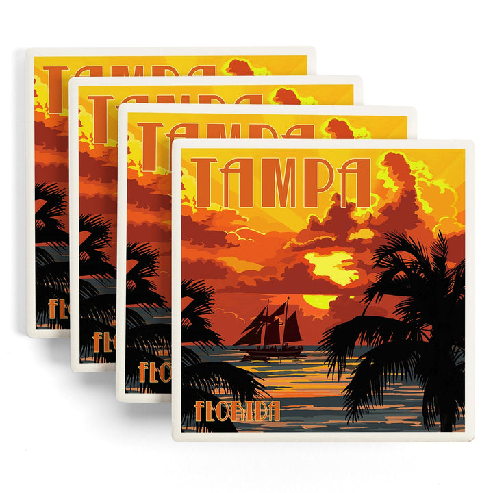 Tampa, Florida, Sunset and Ship, Coasters Coasters Lantern Press