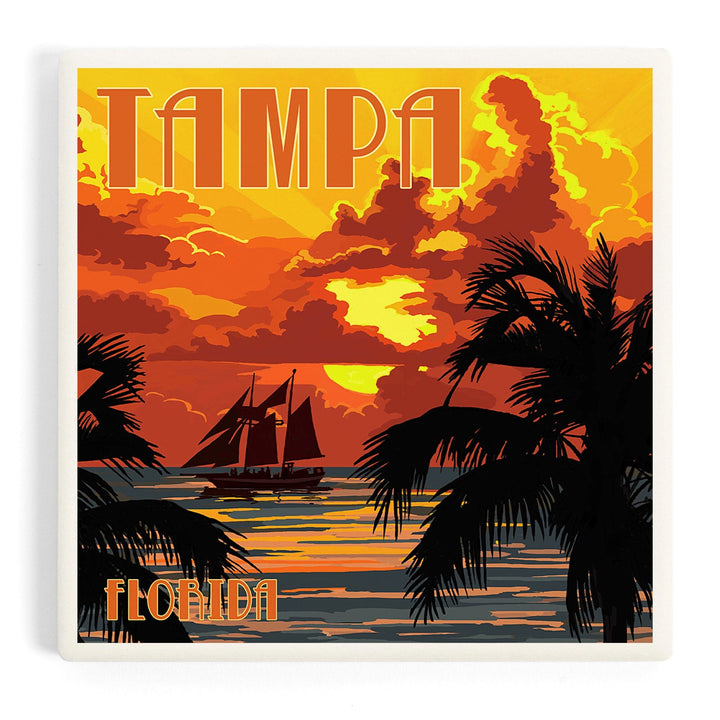 Tampa, Florida, Sunset and Ship, Coasters Coasters Lantern Press