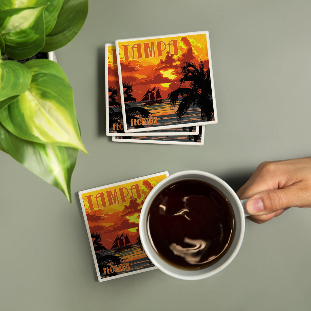 Tampa, Florida, Sunset and Ship, Coasters Coasters Lantern Press