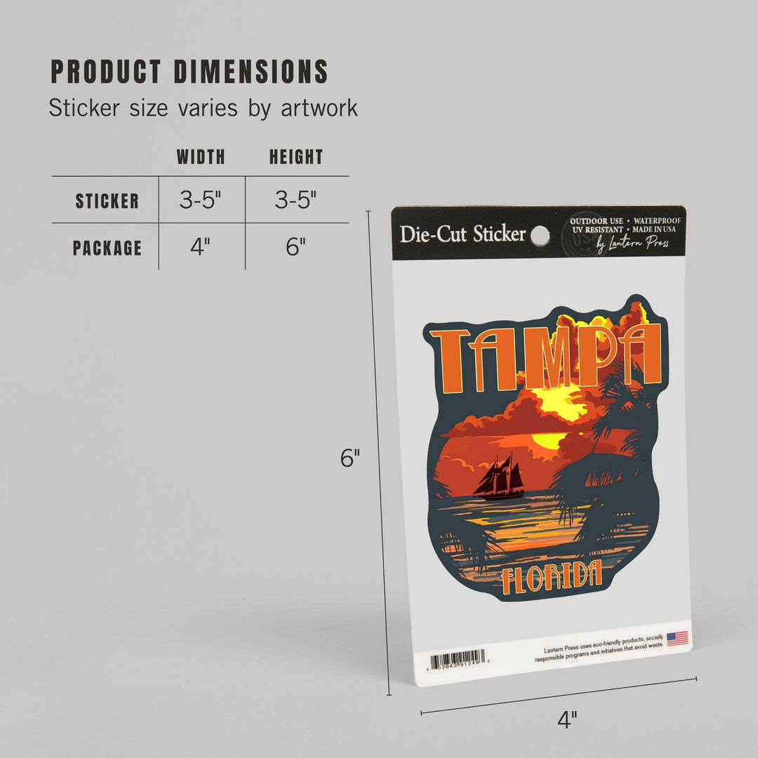 Tampa, Florida, Sunset & Ship, Contour, Lantern Press Artwork, Vinyl Sticker Sticker Lantern Press
