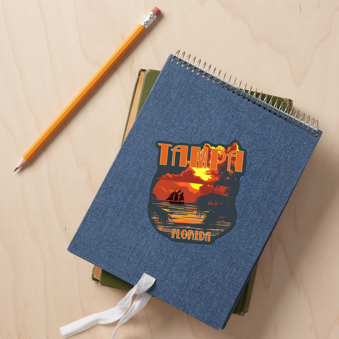 Tampa, Florida, Sunset & Ship, Contour, Lantern Press Artwork, Vinyl Sticker Sticker Lantern Press