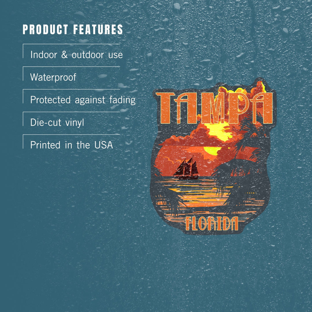 Tampa, Florida, Sunset & Ship, Contour, Lantern Press Artwork, Vinyl Sticker Sticker Lantern Press