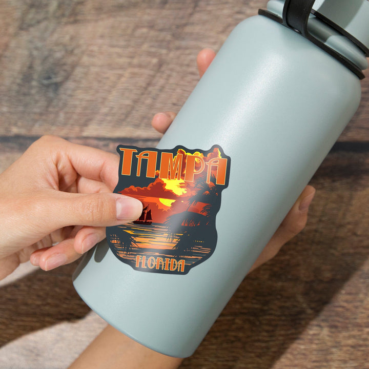 Tampa, Florida, Sunset & Ship, Contour, Lantern Press Artwork, Vinyl Sticker Sticker Lantern Press