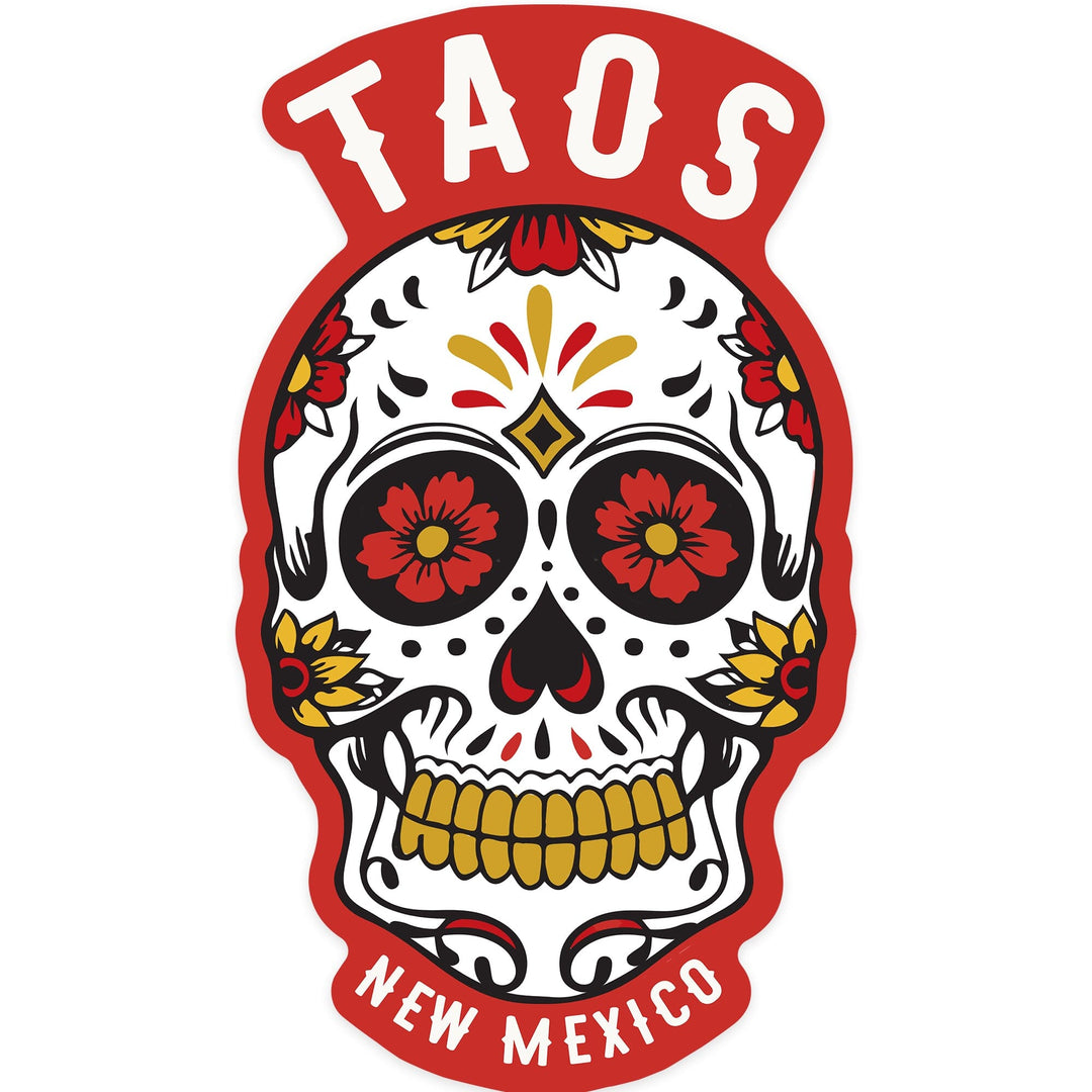 Taos, New Mexico, Day of the Dead, Sugar Skull & Flower Pattern, Contour, Lantern Press Artwork, Vinyl Sticker Sticker Lantern Press