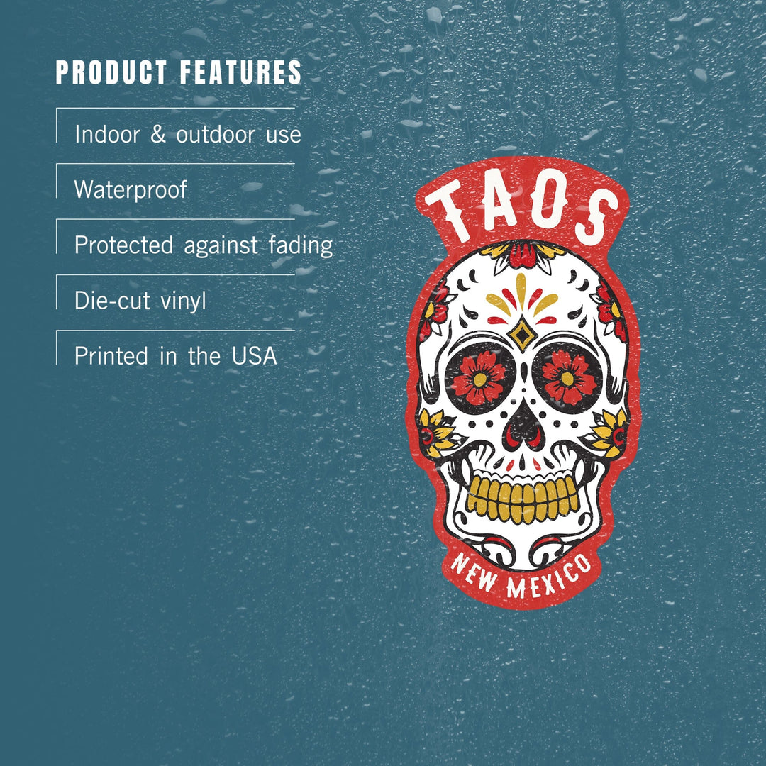 Taos, New Mexico, Day of the Dead, Sugar Skull & Flower Pattern, Contour, Lantern Press Artwork, Vinyl Sticker Sticker Lantern Press