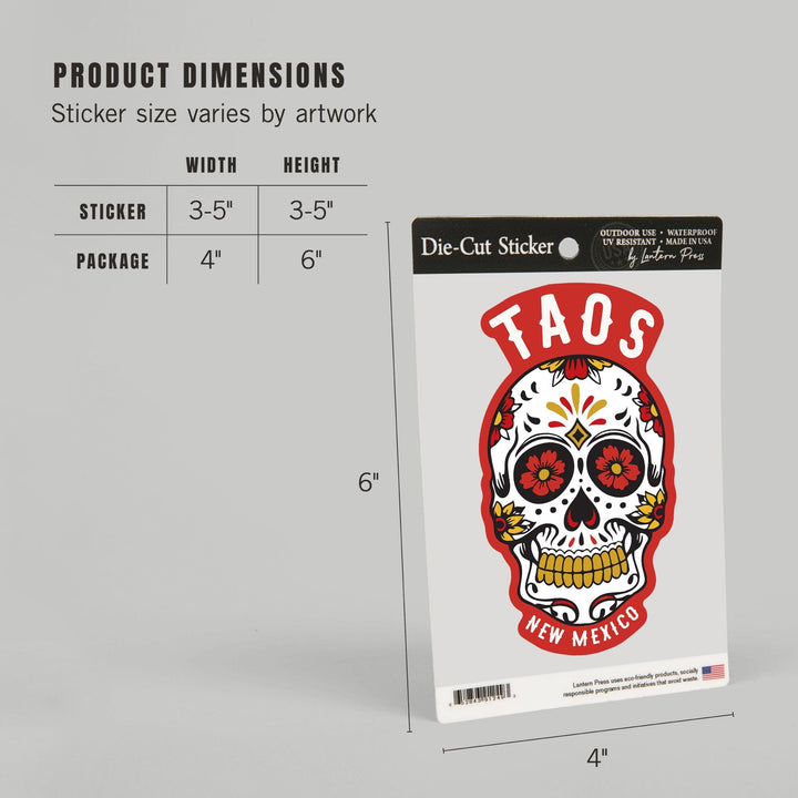 Taos, New Mexico, Day of the Dead, Sugar Skull & Flower Pattern, Contour, Lantern Press Artwork, Vinyl Sticker Sticker Lantern Press