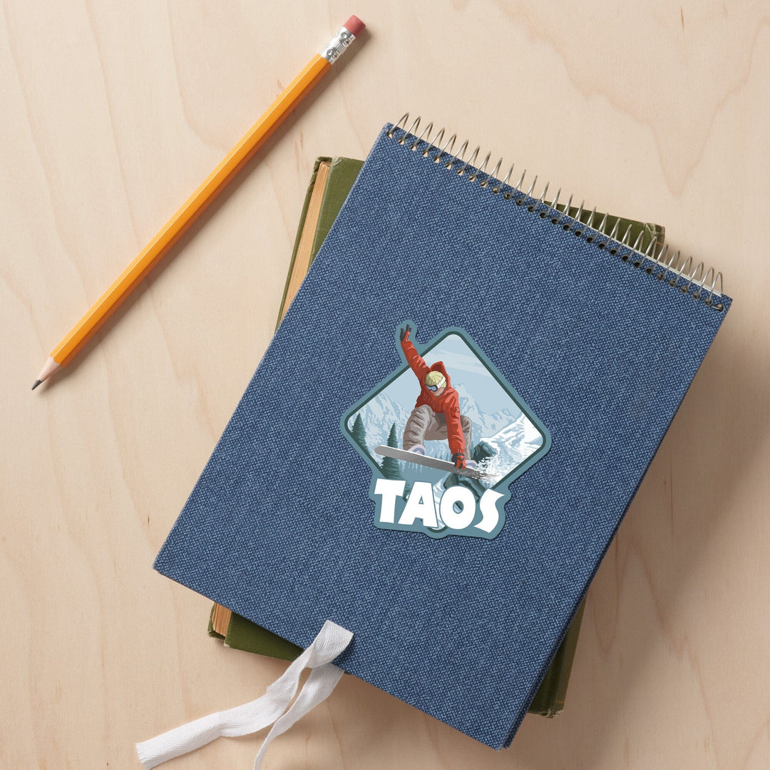 Taos, New Mexico, Snowboarder Jumping, Contour, Lantern Press Artwork, Vinyl Sticker Sticker Lantern Press