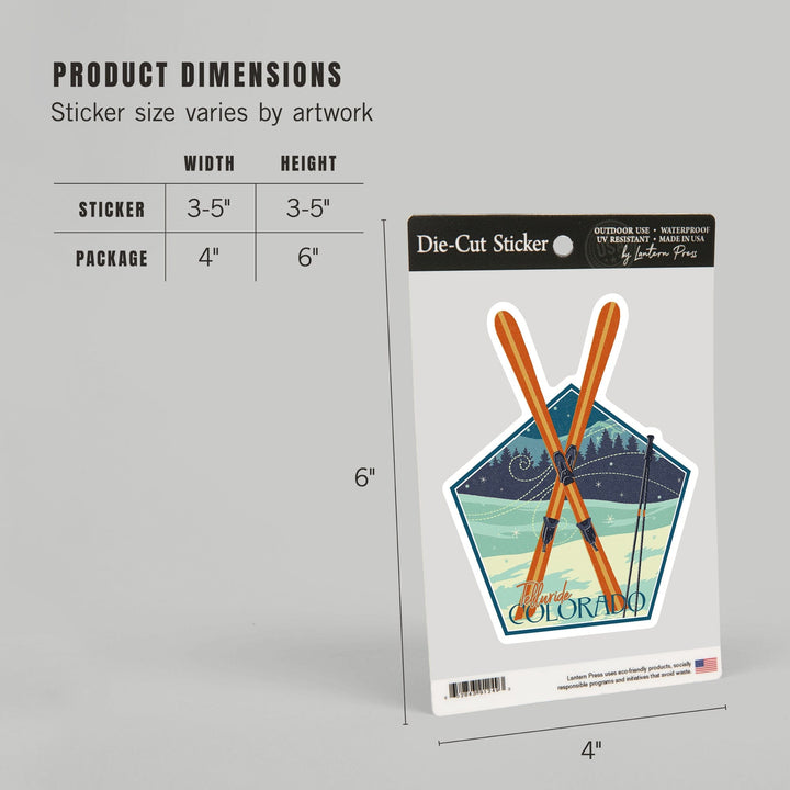 Telluride, Colorado, Crossed Skis, Letterpress, Contour, Lantern Press Artwork, Vinyl Sticker Sticker Lantern Press