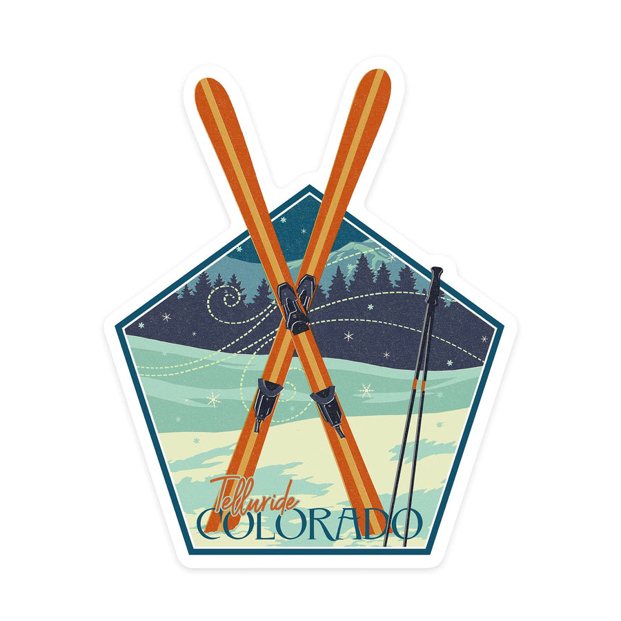 Telluride, Colorado, Crossed Skis, Letterpress, Contour, Lantern Press Artwork, Vinyl Sticker Sticker Lantern Press