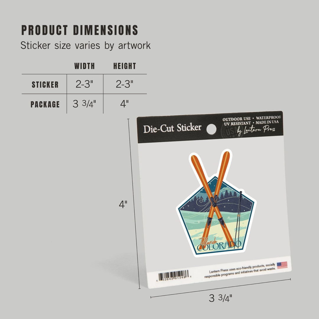 Telluride, Colorado, Crossed Skis, Letterpress, Contour, Lantern Press Artwork, Vinyl Sticker Sticker Lantern Press