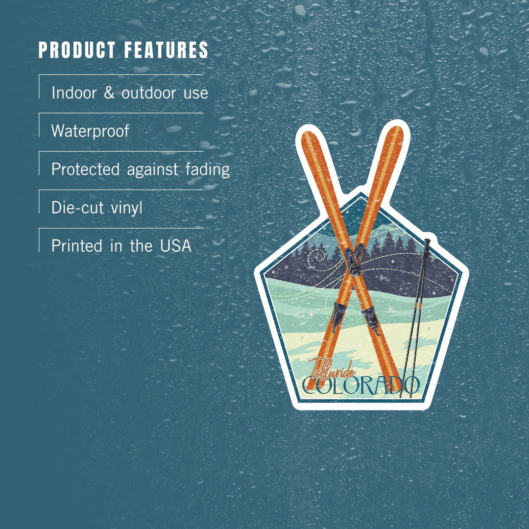 Telluride, Colorado, Crossed Skis, Letterpress, Contour, Lantern Press Artwork, Vinyl Sticker Sticker Lantern Press