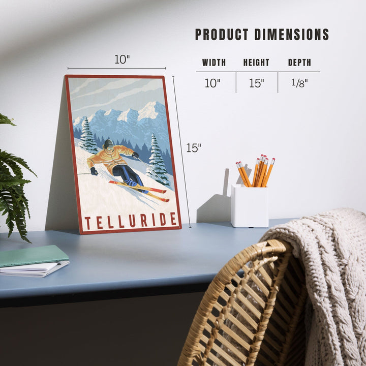 Telluride, Colorado, Downhill Skier, Lantern Press Artwork, Wood Signs and Postcards Wood Lantern Press