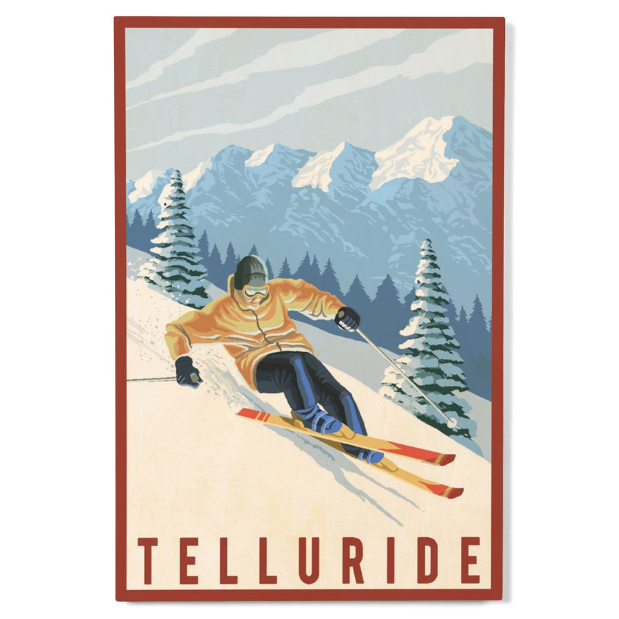 Telluride, Colorado, Downhill Skier, Lantern Press Artwork, Wood Signs and Postcards Wood Lantern Press