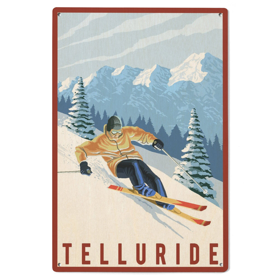 Telluride, Colorado, Downhill Skier, Lantern Press Artwork, Wood Signs and Postcards Wood Lantern Press