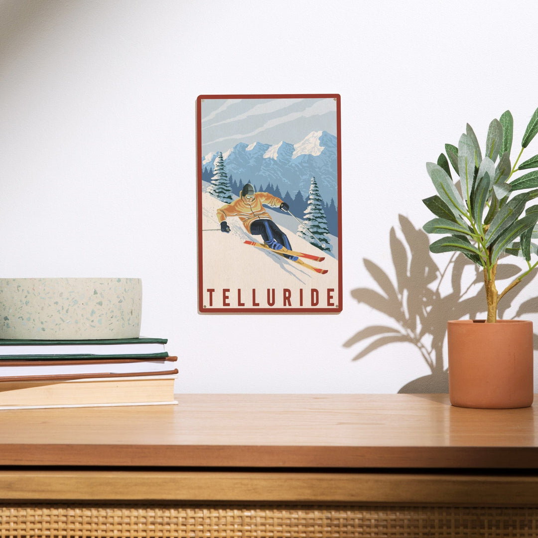 Telluride, Colorado, Downhill Skier, Lantern Press Artwork, Wood Signs and Postcards Wood Lantern Press