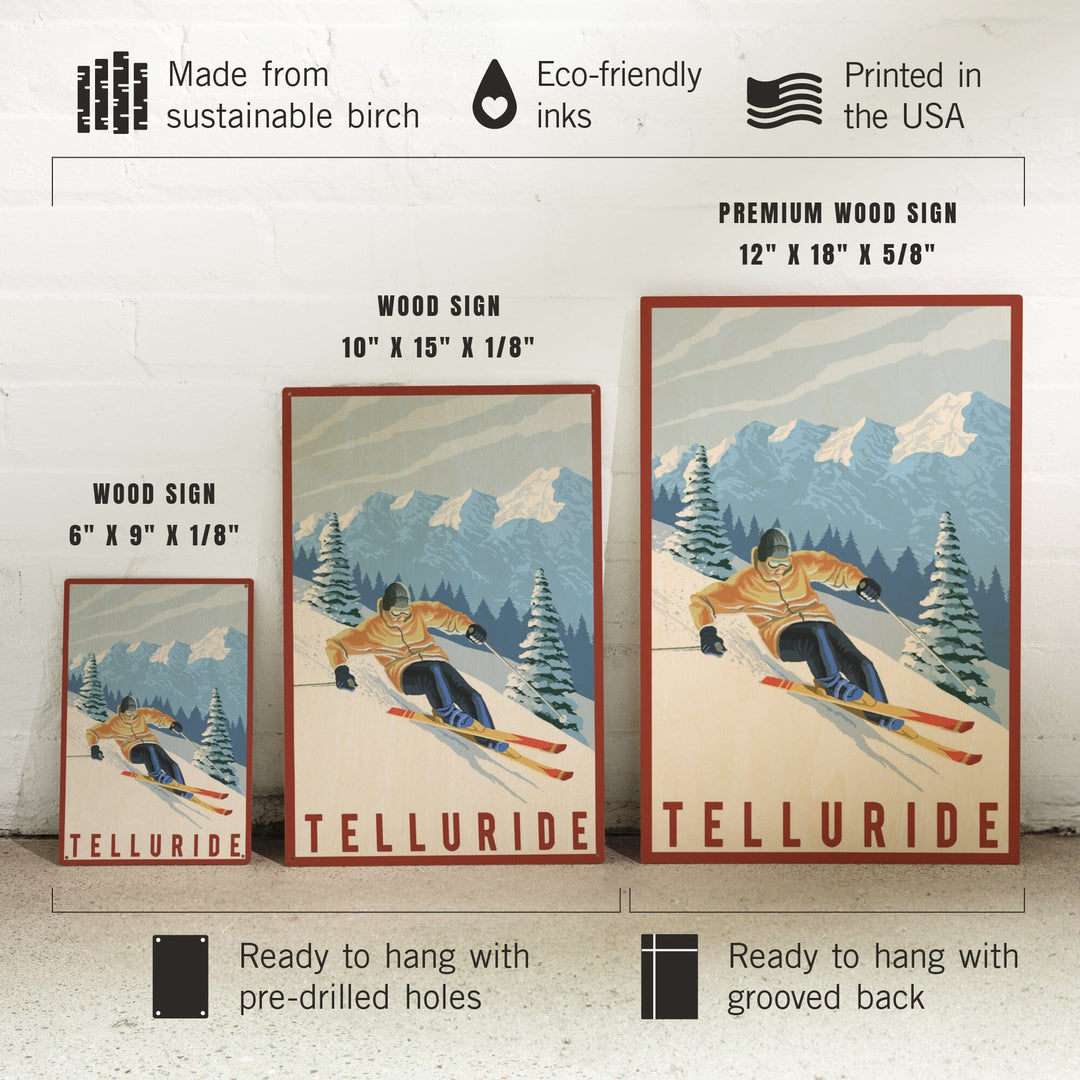 Telluride, Colorado, Downhill Skier, Lantern Press Artwork, Wood Signs and Postcards Wood Lantern Press