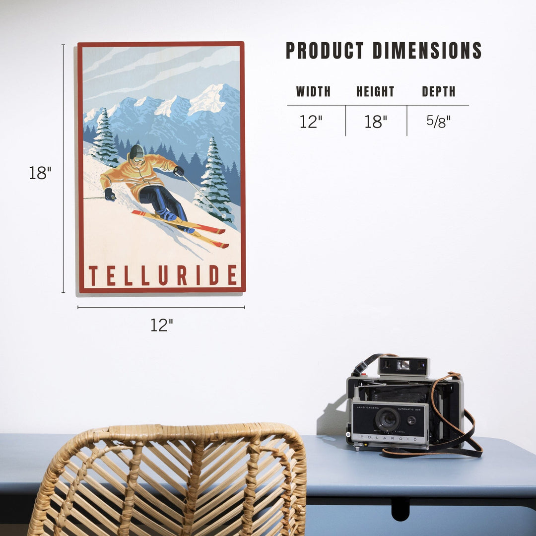 Telluride, Colorado, Downhill Skier, Lantern Press Artwork, Wood Signs and Postcards Wood Lantern Press