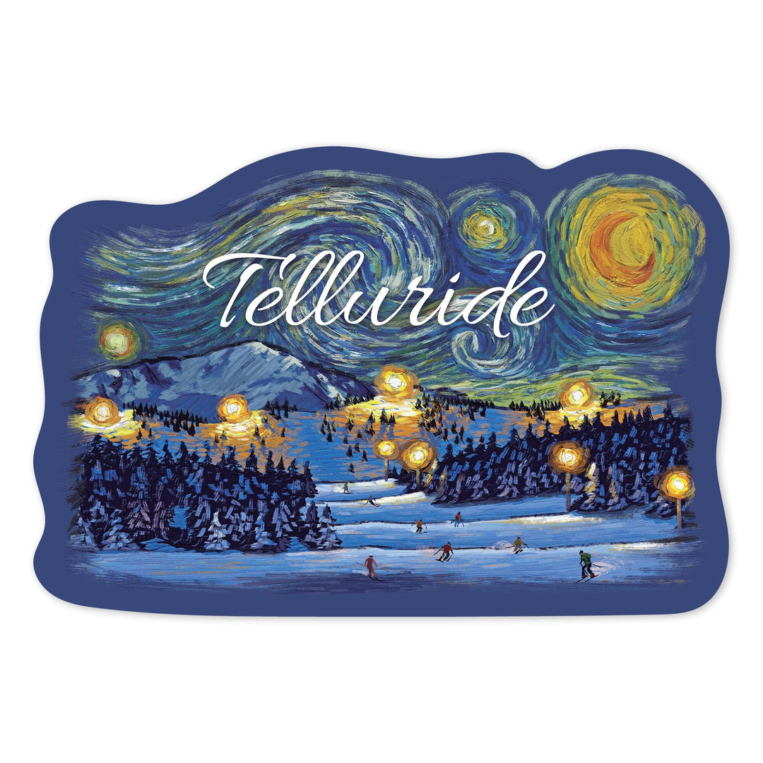 Telluride, Colorado, Ski Hill with Mountain, Stary Night, Contour, Vinyl Sticker Sticker Lantern Press
