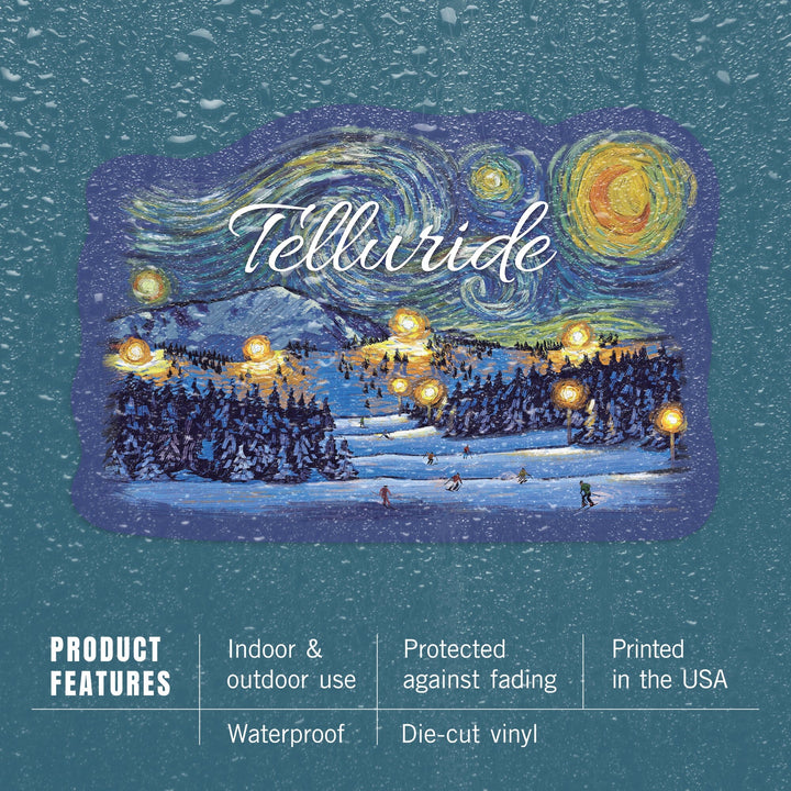 Telluride, Colorado, Ski Hill with Mountain, Stary Night, Contour, Vinyl Sticker Sticker Lantern Press