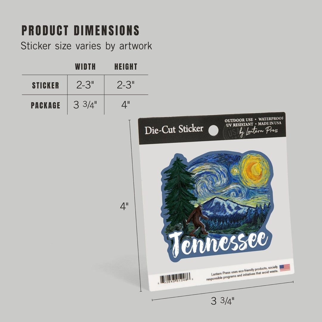Tennessee, Bigfoot, Starry Night, Contour, Lantern Press Artwork, Vinyl Sticker Sticker Lantern Press