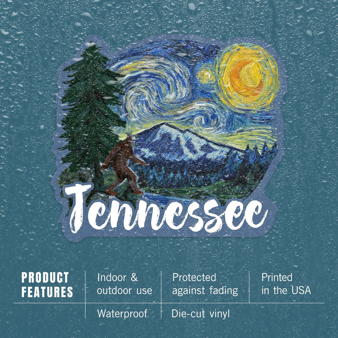 Tennessee, Bigfoot, Starry Night, Contour, Lantern Press Artwork, Vinyl Sticker Sticker Lantern Press