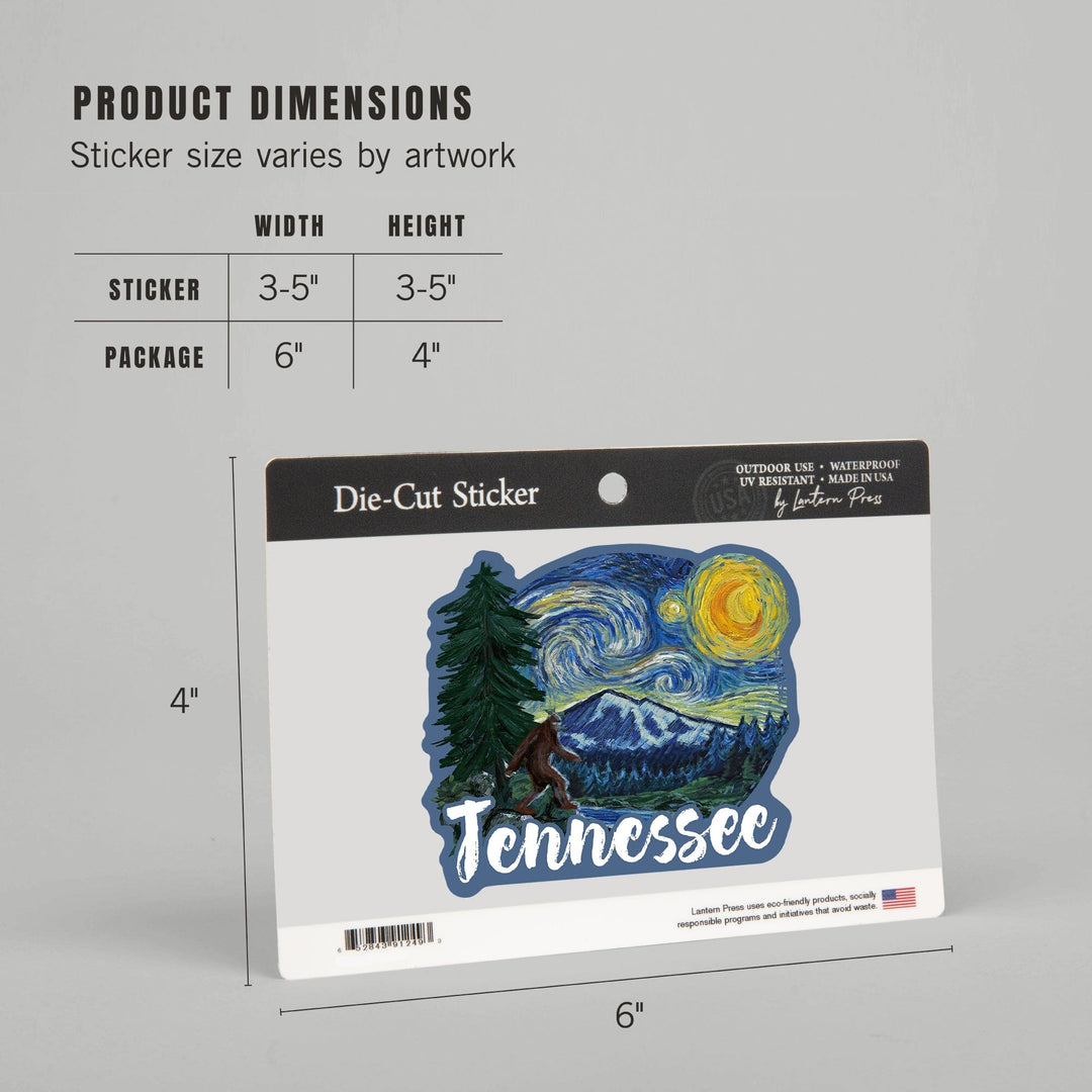 Tennessee, Bigfoot, Starry Night, Contour, Lantern Press Artwork, Vinyl Sticker Sticker Lantern Press