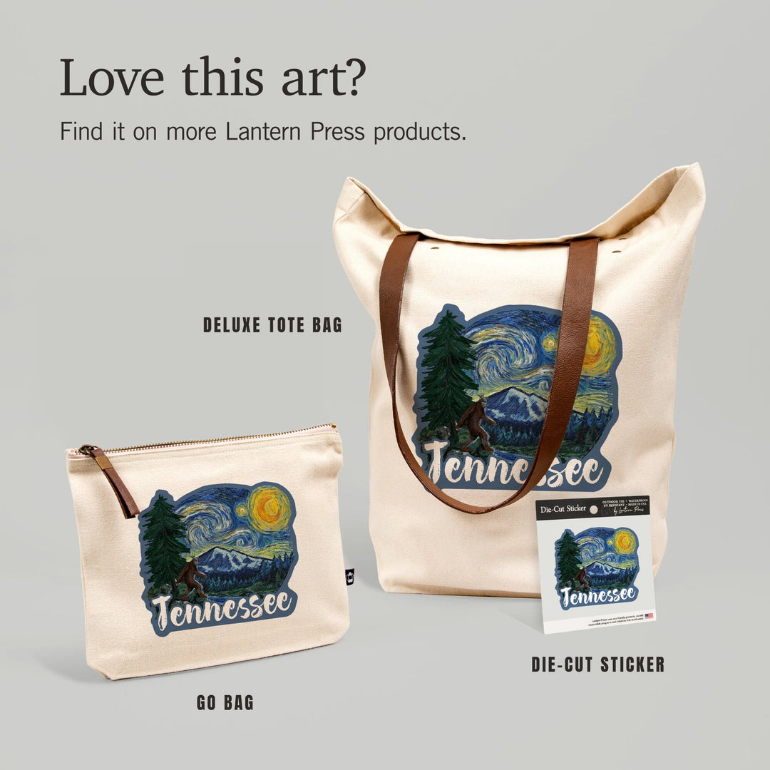 Tennessee, Bigfoot, Starry Night, Contour, Lantern Press Artwork, Vinyl Sticker Sticker Lantern Press