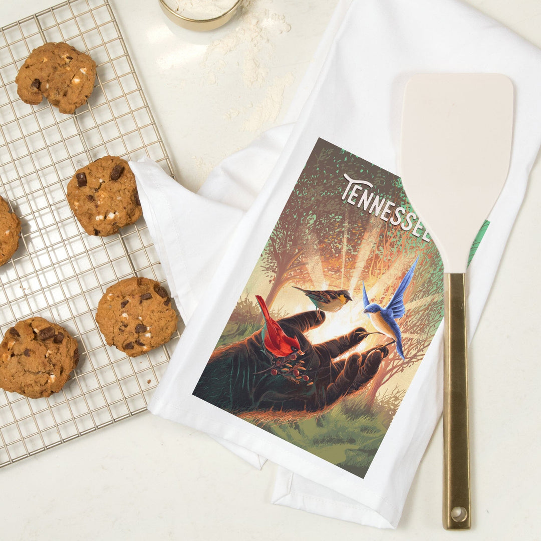 Tennessee, Kindness is Legendary, Bigfoot With Birds, Organic Cotton Kitchen Tea Towels Kitchen Lantern Press