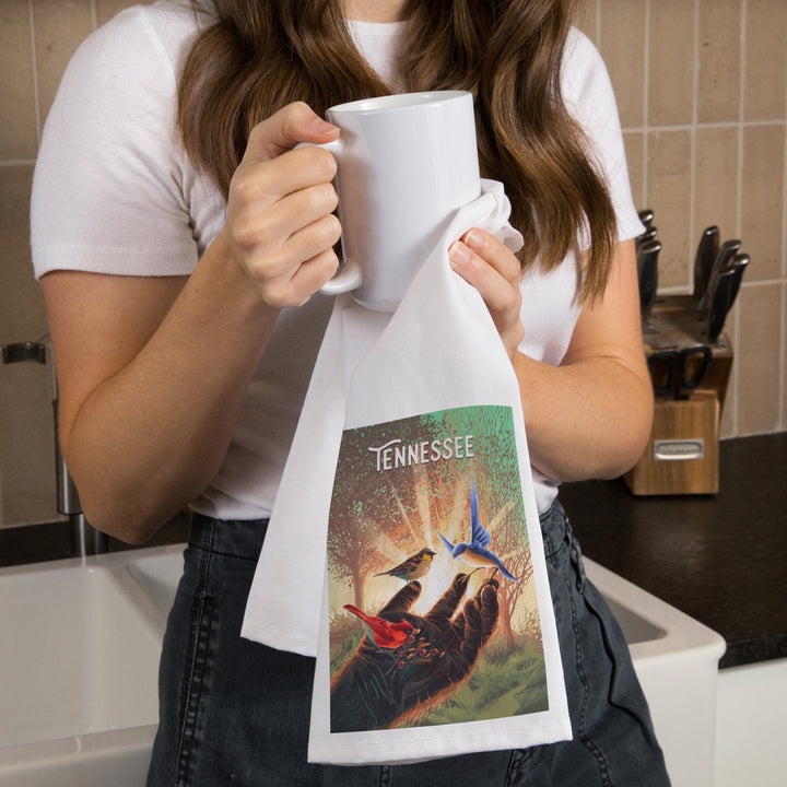 Tennessee, Kindness is Legendary, Bigfoot With Birds, Organic Cotton Kitchen Tea Towels Kitchen Lantern Press