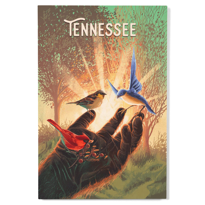 Tennessee, Kindness is Legendary, Bigfoot With Birds, Wood Signs and Postcards Wood Lantern Press