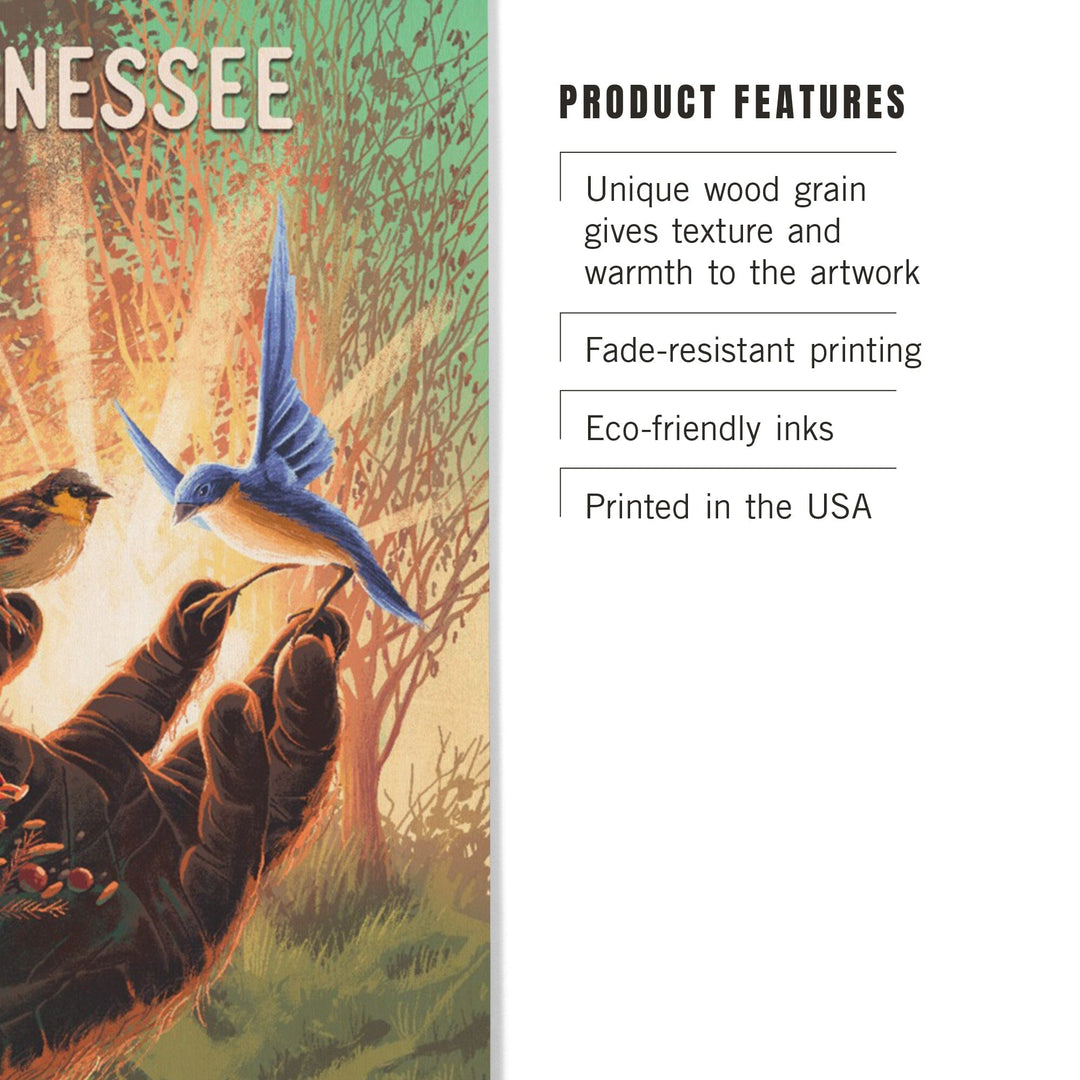 Tennessee, Kindness is Legendary, Bigfoot With Birds, Wood Signs and Postcards Wood Lantern Press