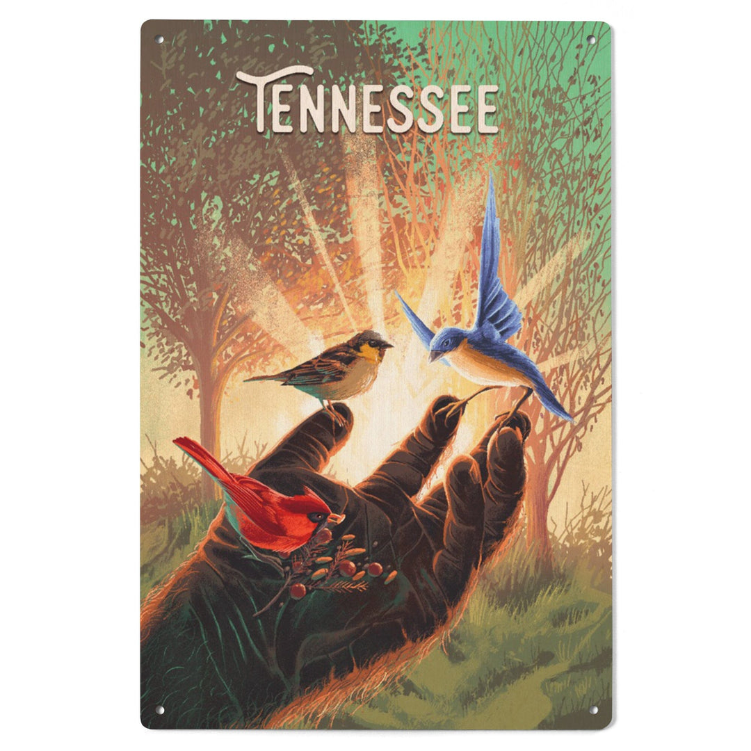 Tennessee, Kindness is Legendary, Bigfoot With Birds, Wood Signs and Postcards Wood Lantern Press