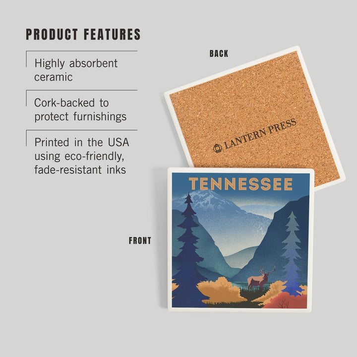 Tennessee, Lithograph, Elk and Mountains Scene, Coasters Coasters Lantern Press