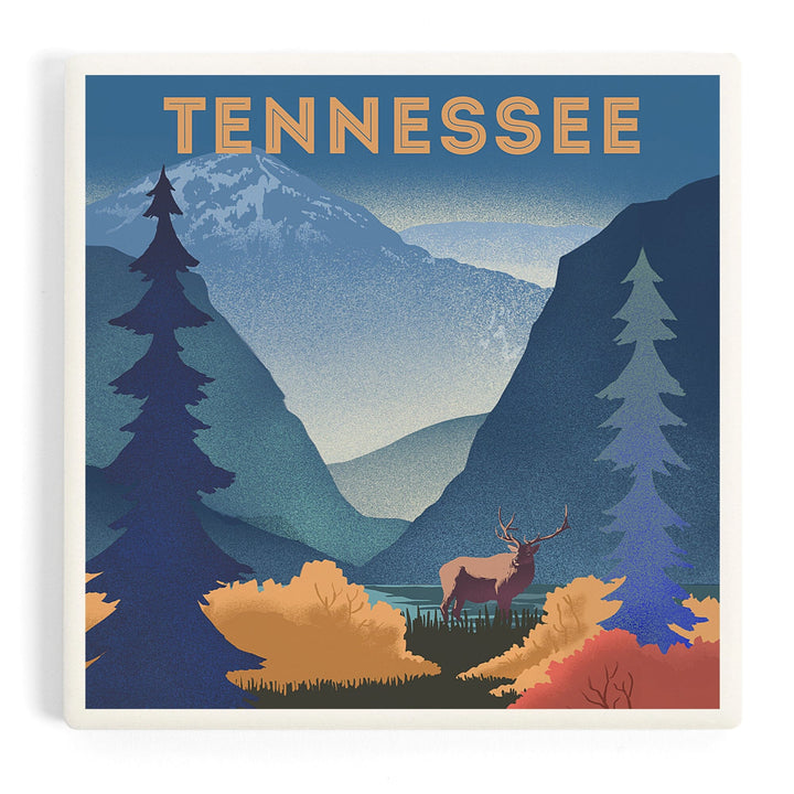 Tennessee, Lithograph, Elk and Mountains Scene, Coasters Coasters Lantern Press Coaster