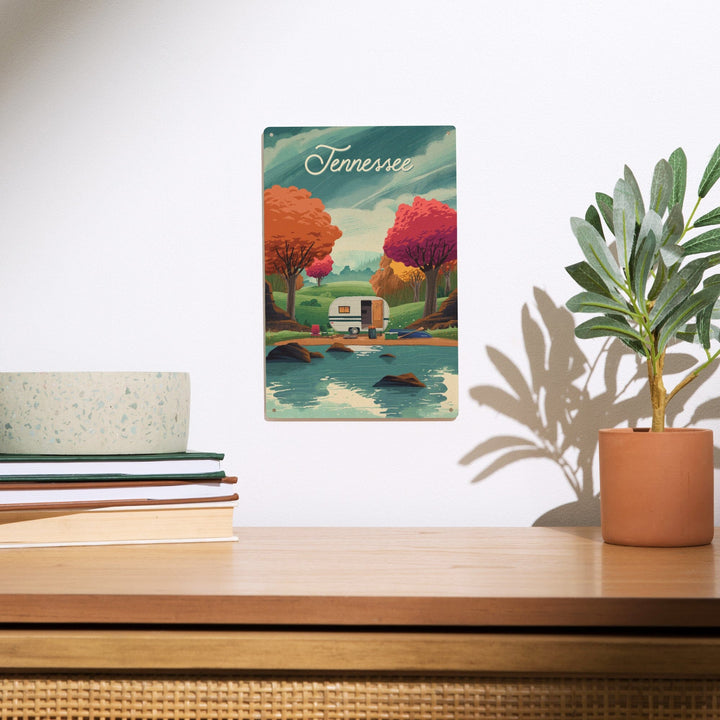 Tennessee, Outdoor Activity, At Home Anywhere, Camper in Fall Colors, Wood Signs and Postcards Wood Lantern Press