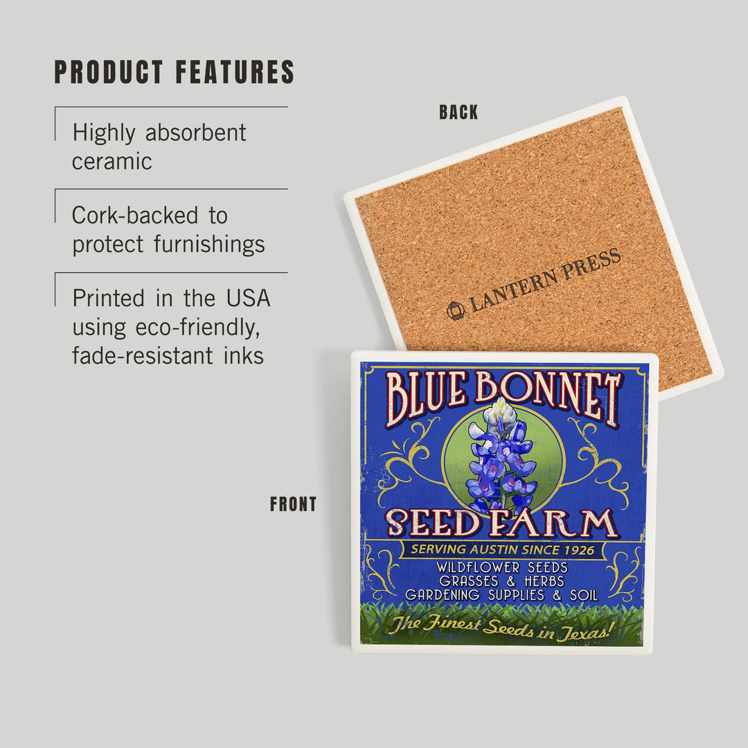 Texas Blue Bonnet Farm Vintage Sign, Coasters Coasters Lantern Press