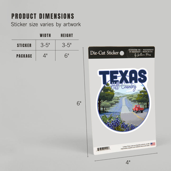 Texas Hill Country, Texas, Bluebonnets & Highway, Circle, Contour, Lantern Press Artwork, Vinyl Sticker Sticker Lantern Press