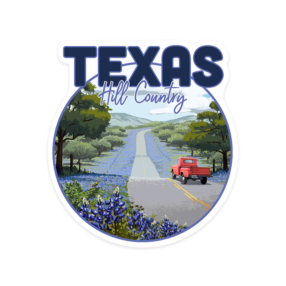 Texas Hill Country, Texas, Bluebonnets & Highway, Circle, Contour, Lantern Press Artwork, Vinyl Sticker Sticker Lantern Press