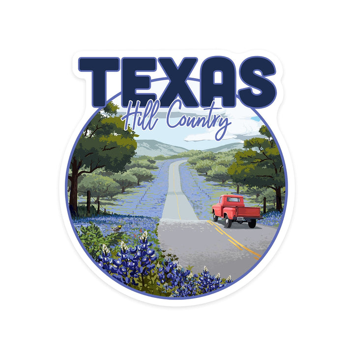 Texas Hill Country, Texas, Bluebonnets & Highway, Circle, Contour, Lantern Press Artwork, Vinyl Sticker Sticker Lantern Press