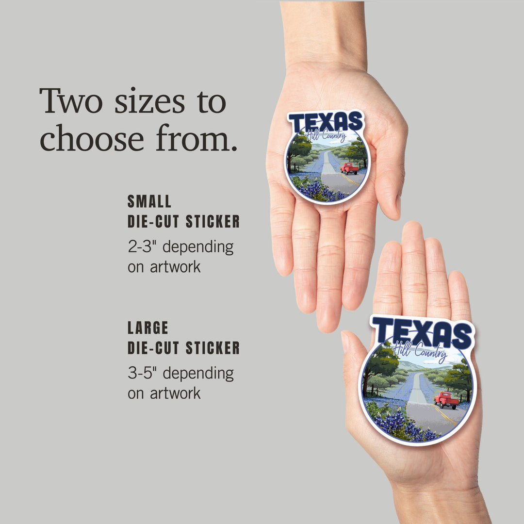 Texas Hill Country, Texas, Bluebonnets & Highway, Circle, Contour, Lantern Press Artwork, Vinyl Sticker Sticker Lantern Press