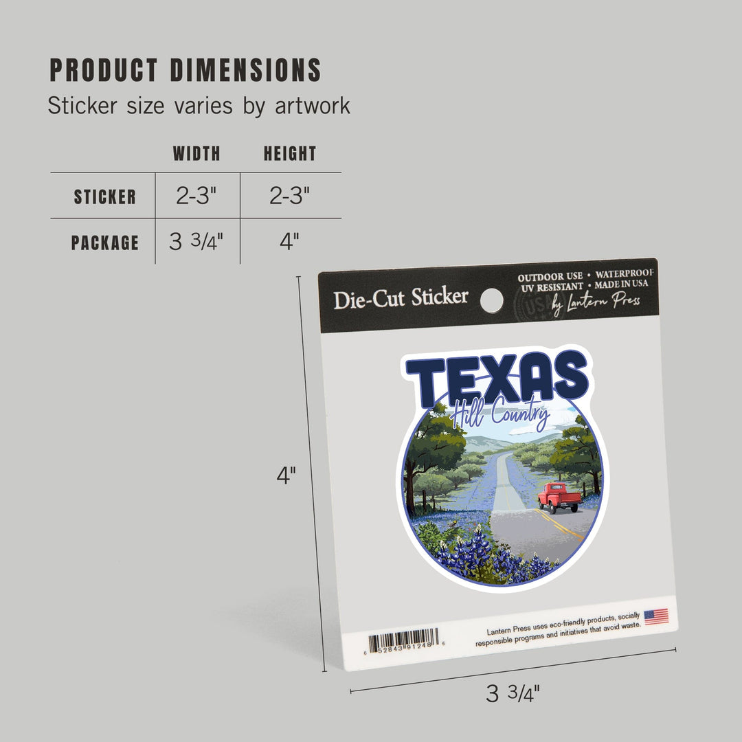 Texas Hill Country, Texas, Bluebonnets & Highway, Circle, Contour, Lantern Press Artwork, Vinyl Sticker Sticker Lantern Press