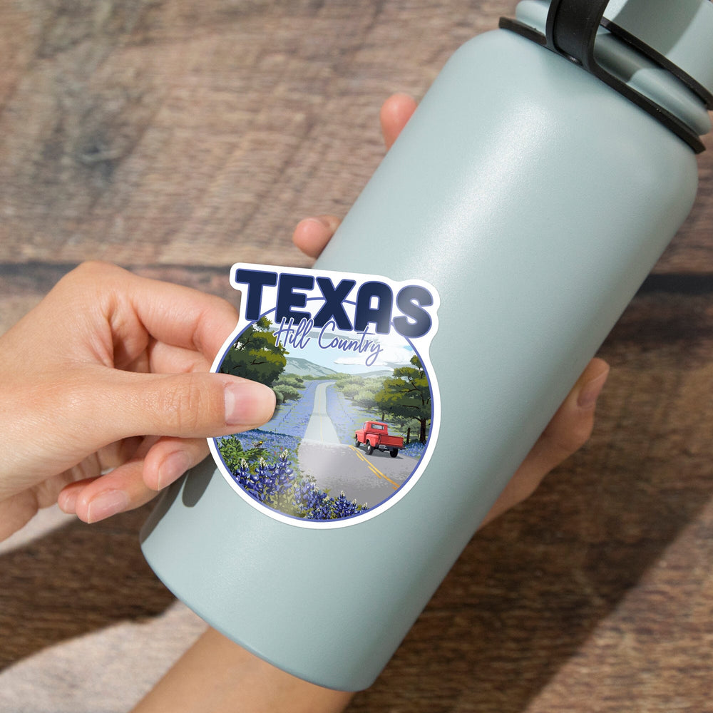 Texas Hill Country, Texas, Bluebonnets & Highway, Circle, Contour, Lantern Press Artwork, Vinyl Sticker Sticker Lantern Press