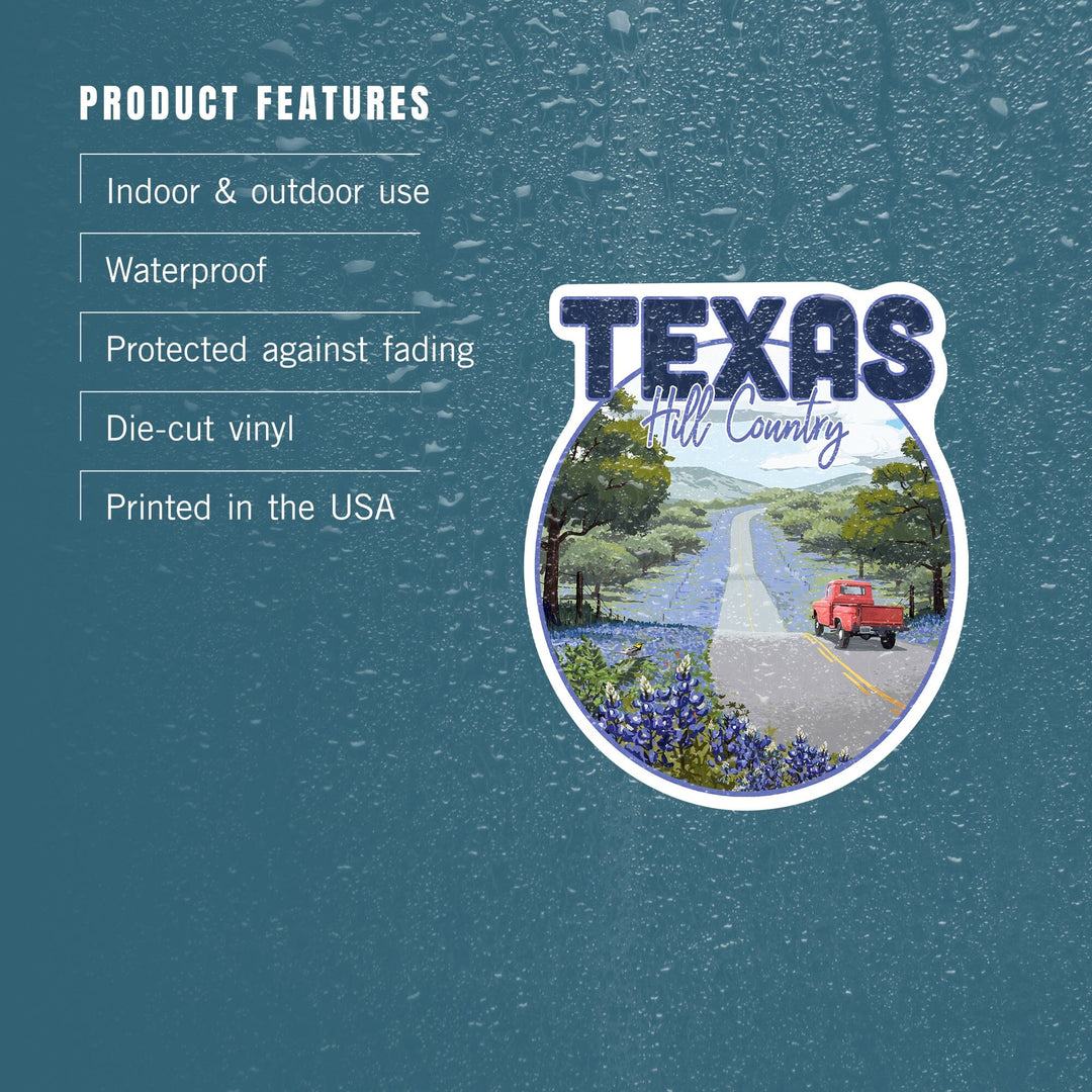 Texas Hill Country, Texas, Bluebonnets & Highway, Circle, Contour, Lantern Press Artwork, Vinyl Sticker Sticker Lantern Press