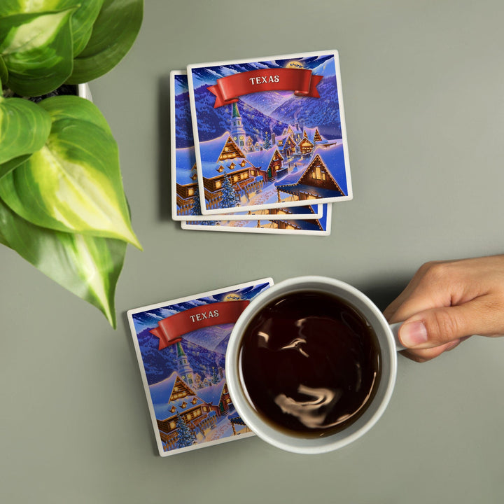 Texas, Sleepy Winter Christmas Village, Coasters Coasters Lantern Press