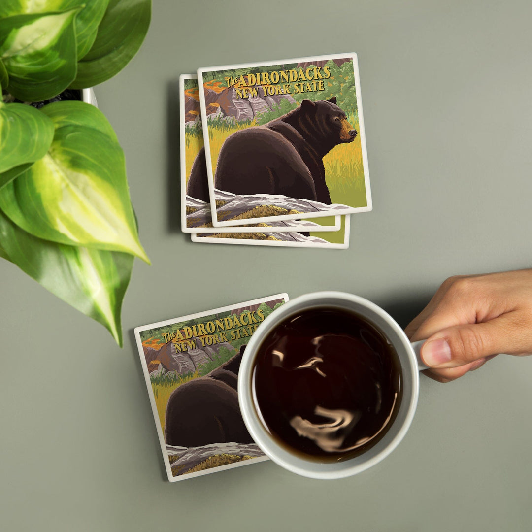 The Adirondacks, New York, Black Bear in Forest, Coasters Coasters Lantern Press