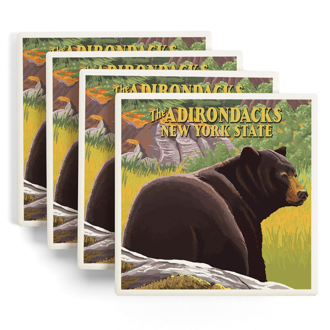 The Adirondacks, New York, Black Bear in Forest, Coasters Coasters Lantern Press