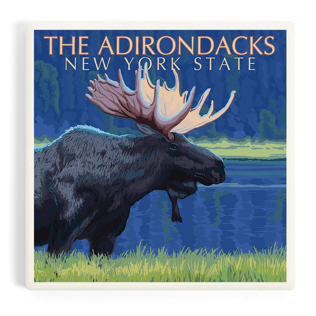 The Adirondacks, New York, Moose at Night, Coasters Coasters Lantern Press Coaster