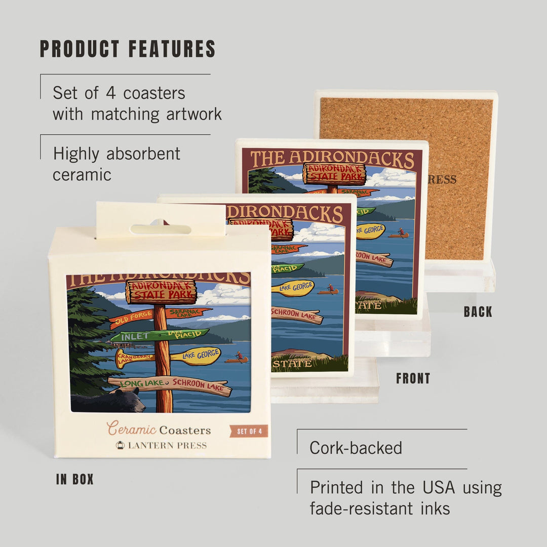 The Adirondacks, New York State, Destinations Sign, Coasters Coasters Lantern Press