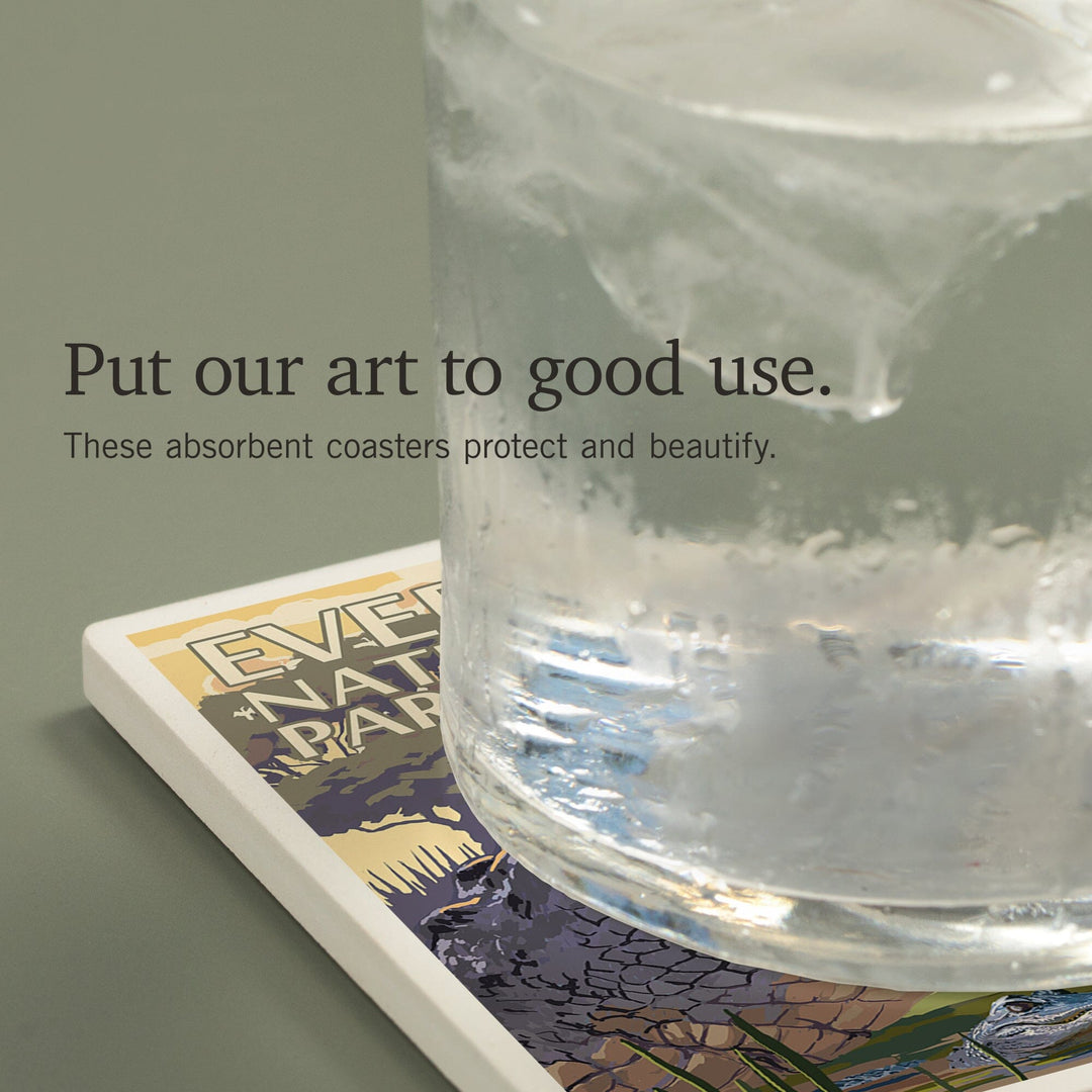 The Everglades National Park, Florida, Alligator Scene, Painterly Series, Coasters Coasters Lantern Press